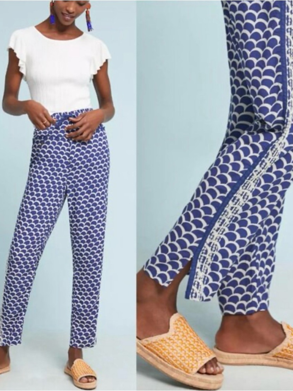 Anthropologie Navy & White Scallop-Print Cropped Pants